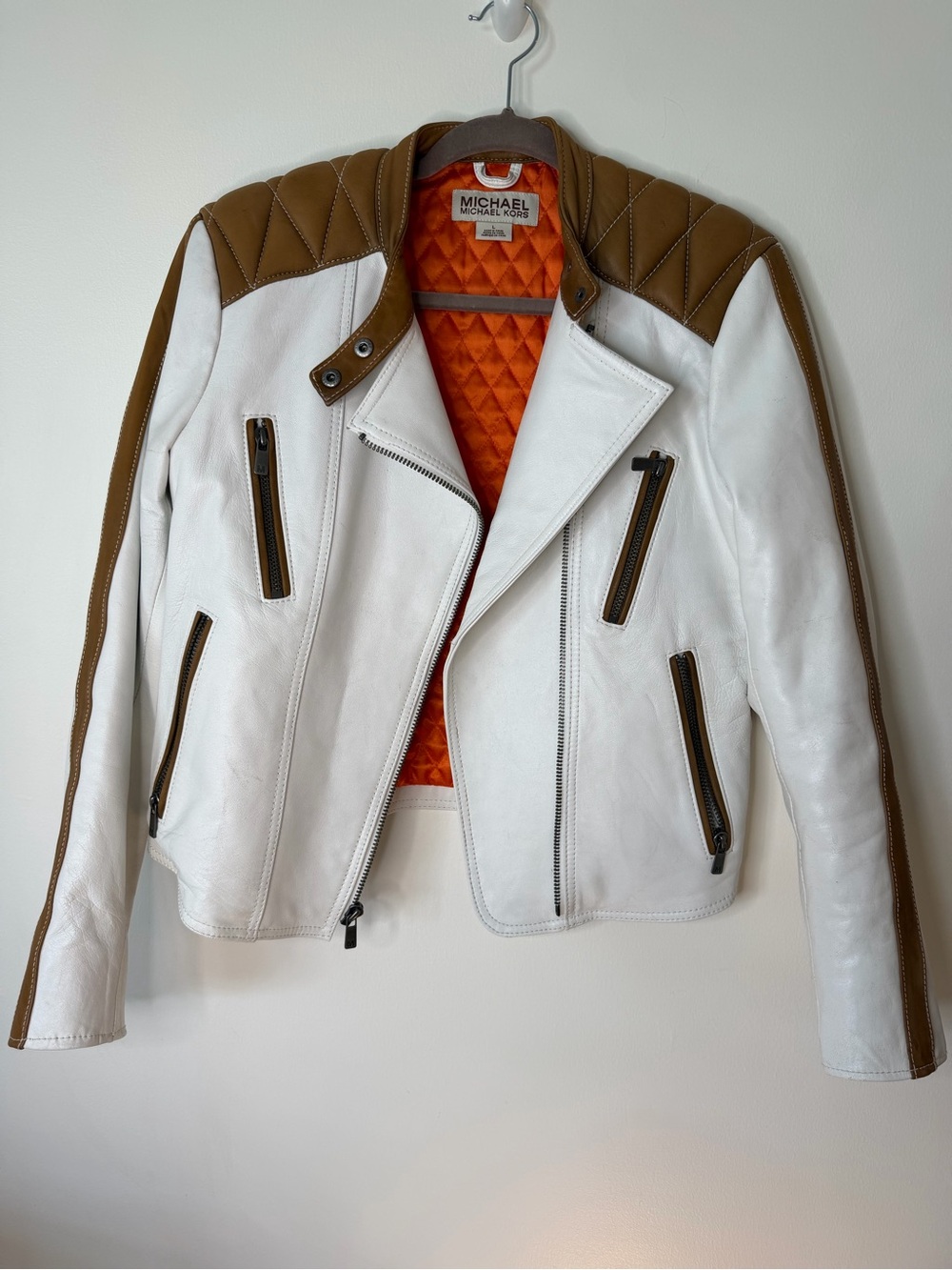 Michael Kors White Leather Moto Jacket with Brown Trim Size Large Brown accents